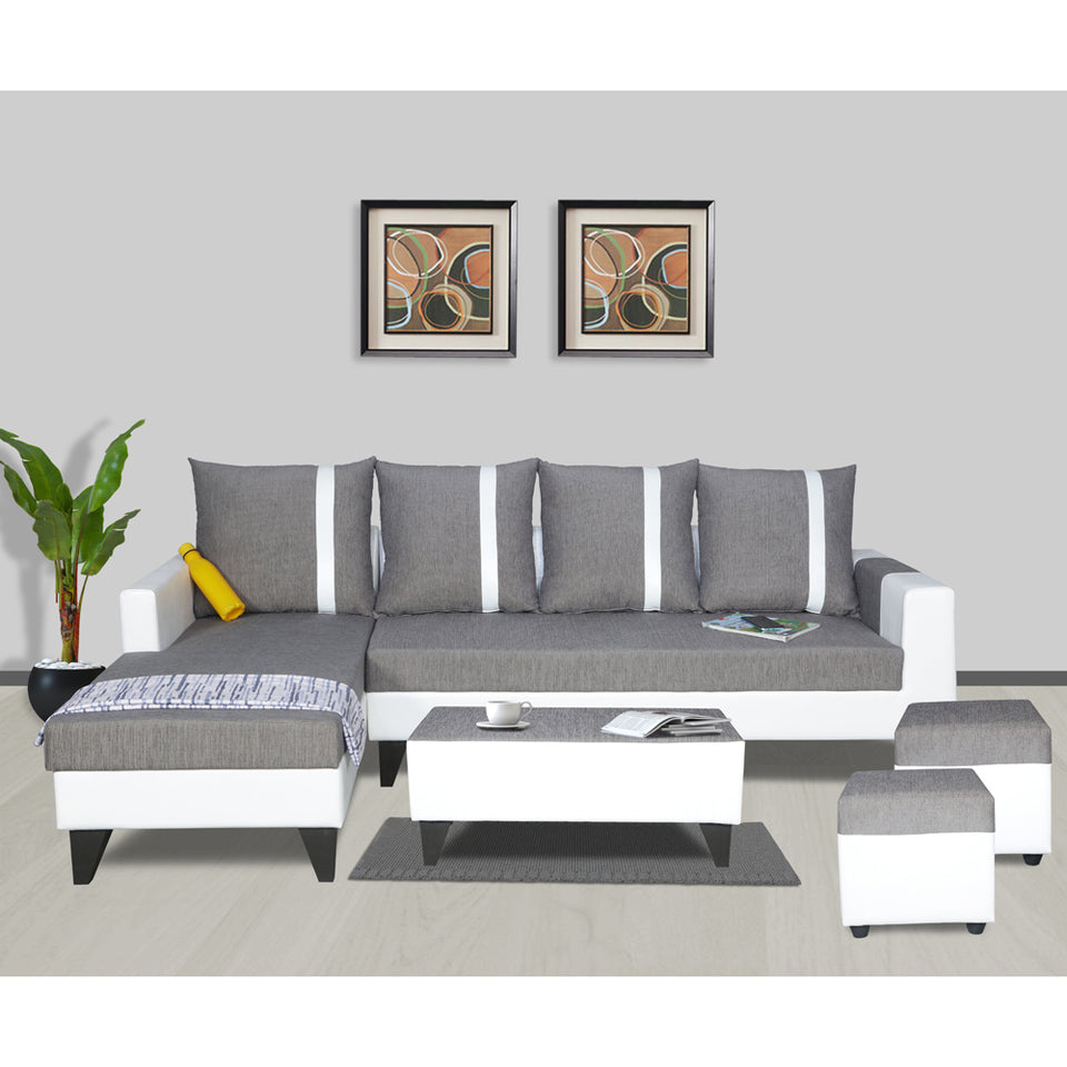 Ashley Stripes Leatherette Fabric L Shape 8 Seater Sofa Set with 2 Ottoman Puffy & Center Table LHS (Grey & White)