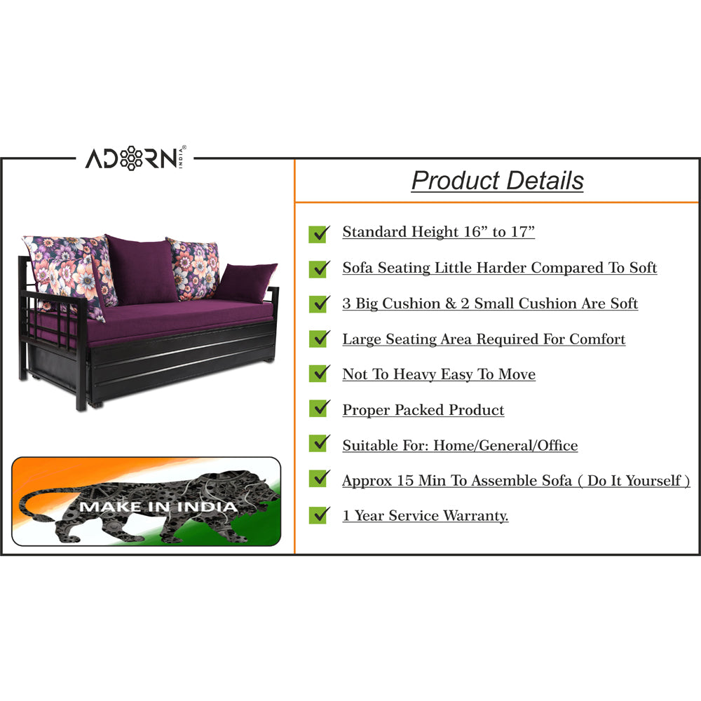 Adorn India Polar Black Metal Three Seater Sofa Cum Bed with Storage (6 x 5) (Purple)