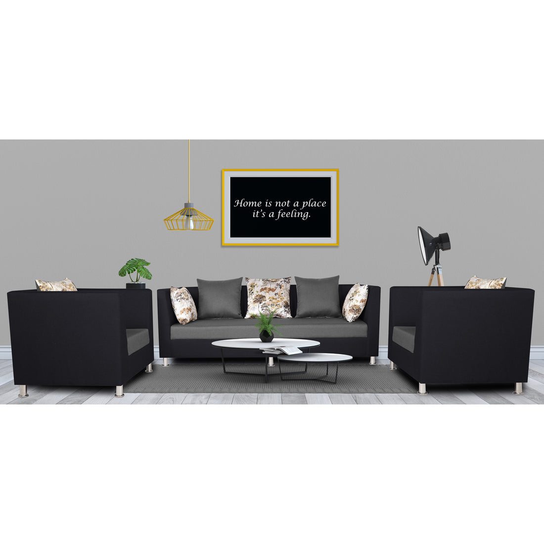 Adorn India Exclusive Two Tone Alica 3-1-1 Five Seater Sofa Set (Wood & Fabric, Light Grey & Black)