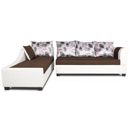 Adorn India Aliana L Shape Leatherette Fabric 6 Seater Sofa (Left Side Handle)(Brown & White)