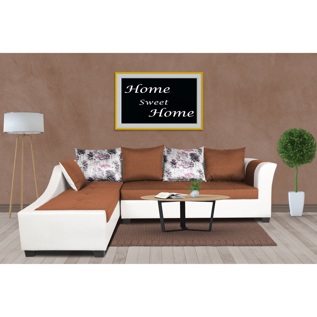Adorn India Aliana L Shape Leatherette Fabric 6 Seater Sofa Set LHS (Rust & White) (3 Year Warranty)