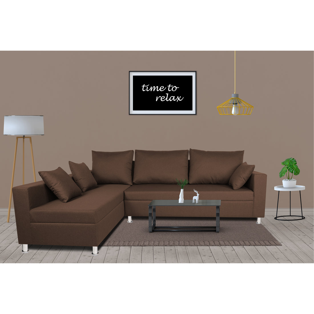 Straight Line L Shape 5 Seater Sofa Set Left Side Handle(Brown)
