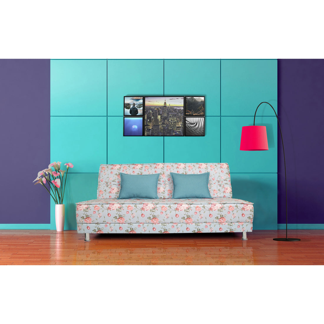 Adorn India Roselyn 3 Seater Sofa Cum Bed Digitel Print (Aqua Blue), Wood, Foam