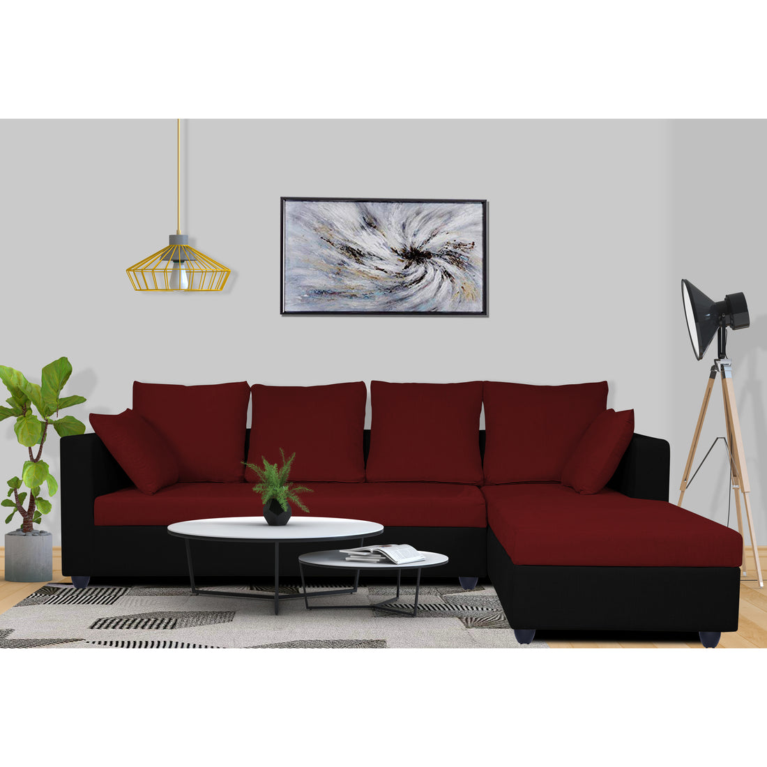 Zink Straight line L Shape 6 Seater Sofa Plain Cushion (Maroon & Black)
