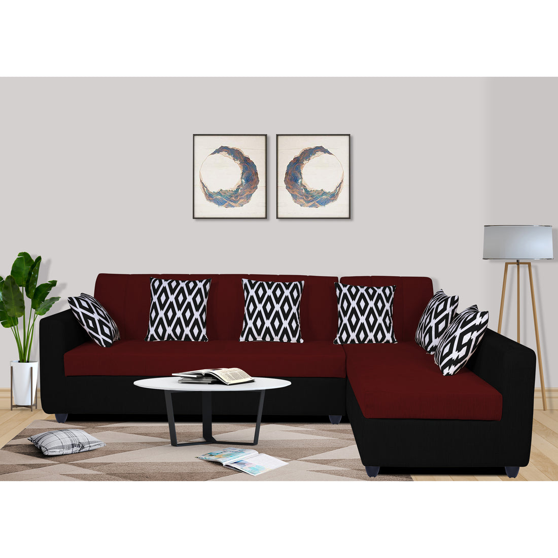 Adorn India Rio High Back L Shape 6 Seater Sofa Set (Right Hand Side) (Maroon & Black)
