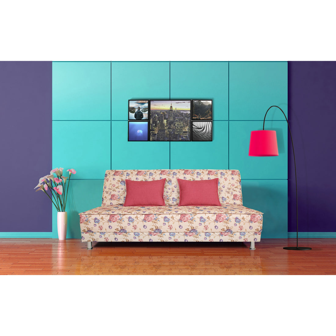 Adorn India Roselyn 3 Seater Sofa Cum Bed Digitel Print (Beige), Wood, Foam