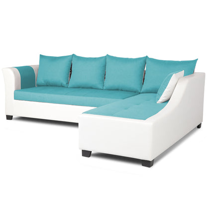 Adorn India Aliana L Shape Leatherette Fabric 6 Seater Sofa (Aqua Blue & White)