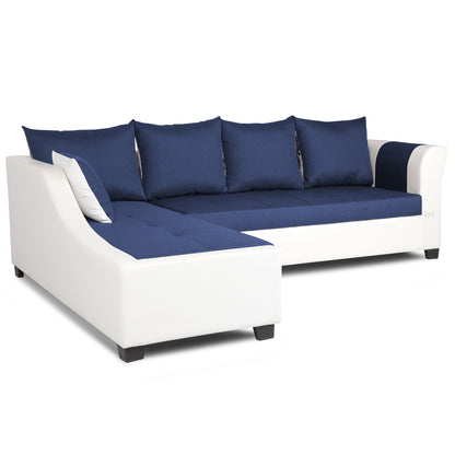 Adorn India Aliana L Shape Leatherette Fabric 6 Seater Sofa (Left Side Handle)(Blue & White)