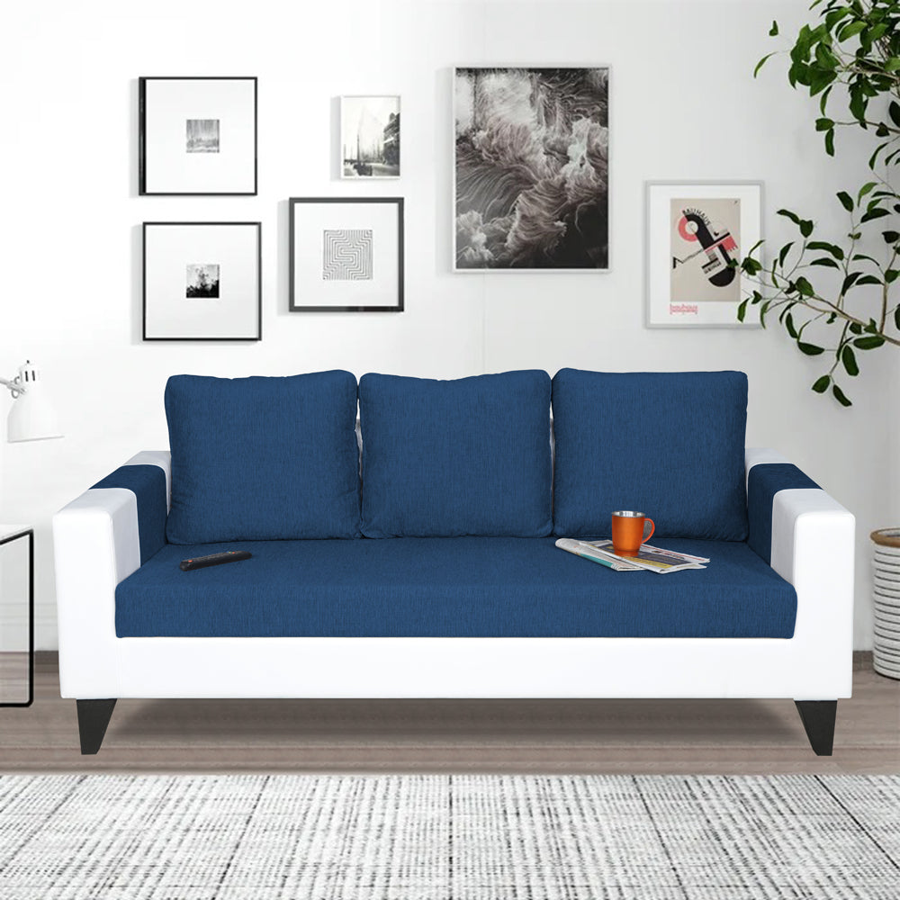 Adorn India Ashley Plain Leatherette Fabric 3 Seater Sofa (Blue & White) (3 Year Warranty)