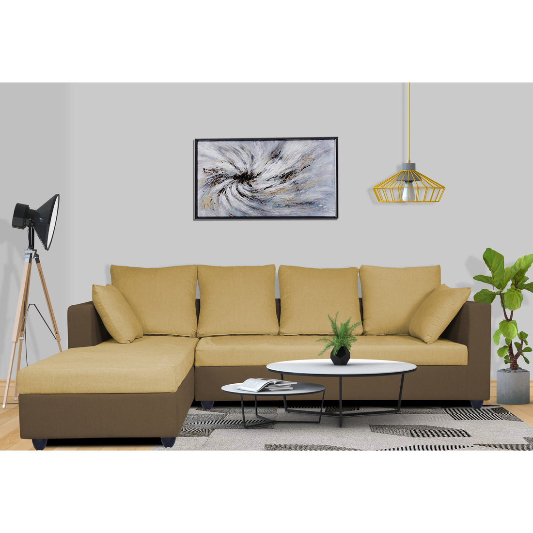 Zink Straight line L Shape 6 Seater Sofa Plain Cushion (Left Side Handle)(Brown & Beige)