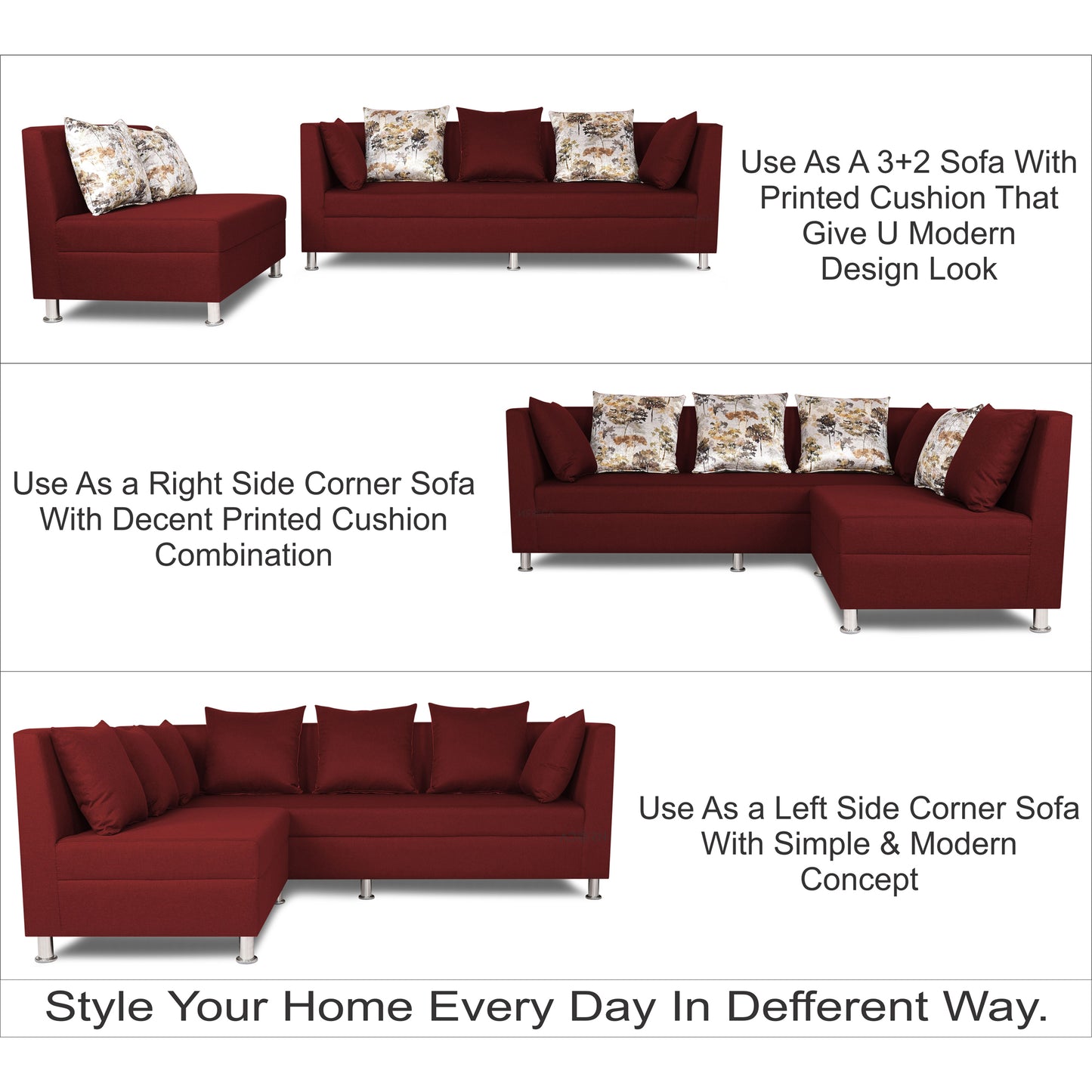 Adorn India Alica Modular Sofa Set(Maroon)