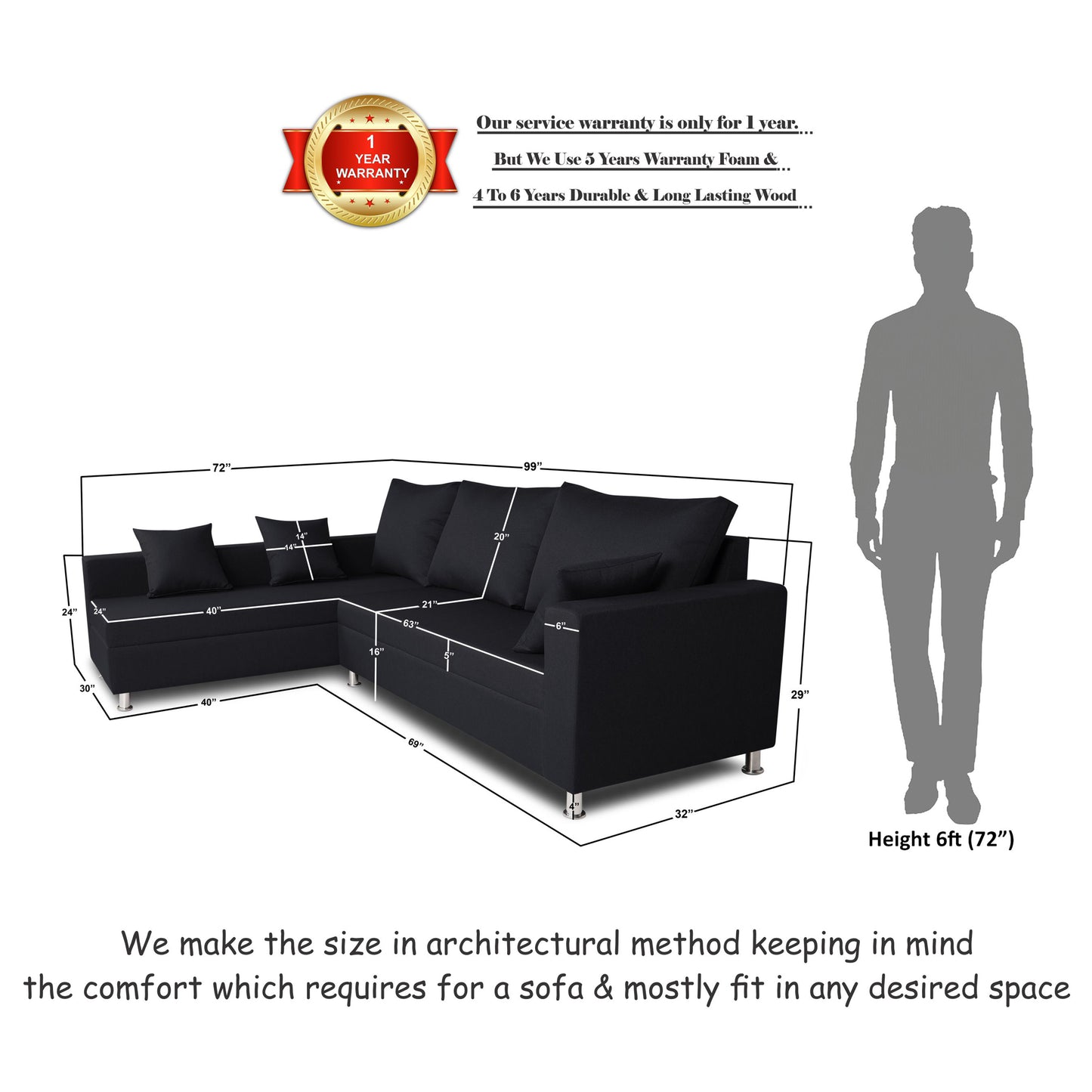 Adorn India Straight Line 6 seater L Shape Sofa set (Left Side Handle)(Black)