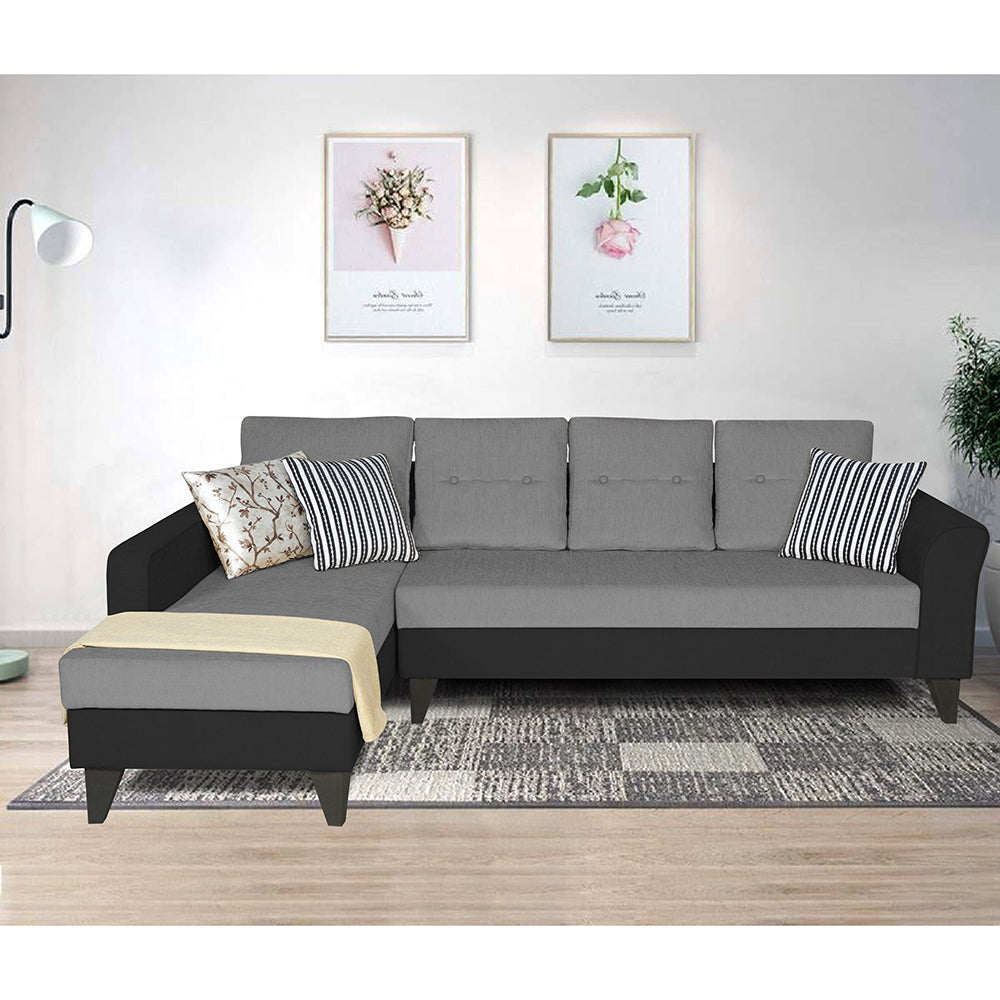 Adorn India Maddox Plain Two Tone L Shape 6 Seater Sofa Set LHS (Grey & Black) (3 Year Warranty)