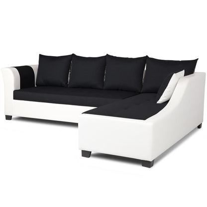 Adorn India Aliana L Shape Leatherette Fabric 6 Seater Sofa (Black & White)