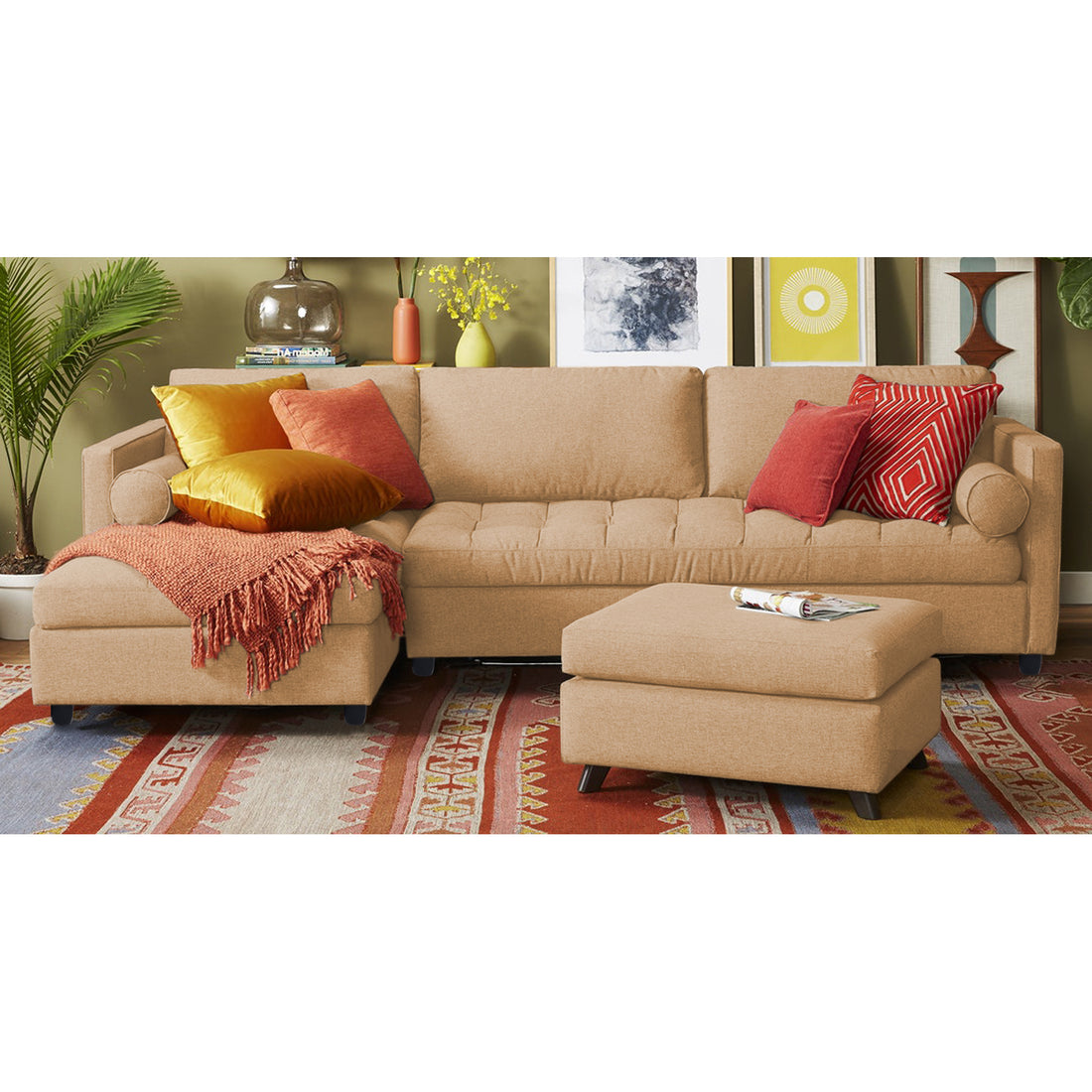 Adorn India Alexander L Shape 7 Seater Sofa Set with Ottoman Puffy LHS (Beige) (3 Year Warranty)