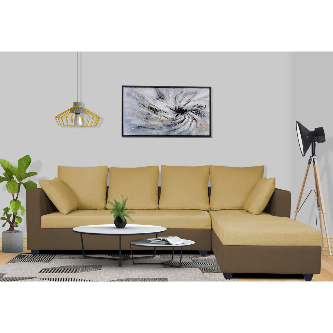 Adorn India Zink Straight line Wooden L Shape 5 Seater Sofa with Plain Cushion (Brown & Beige)