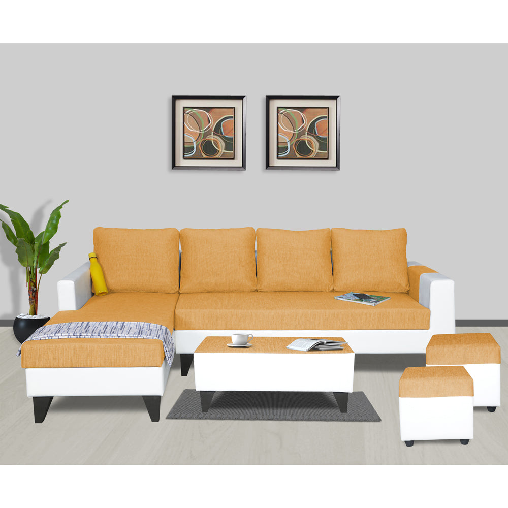 Adorn India Ashley Plain Leatherette Fabric L Shape 8 Seater Sofa Set with 2 Ottoman Puffy & Center Table LHS (Beige & White) (3 Year Warranty)