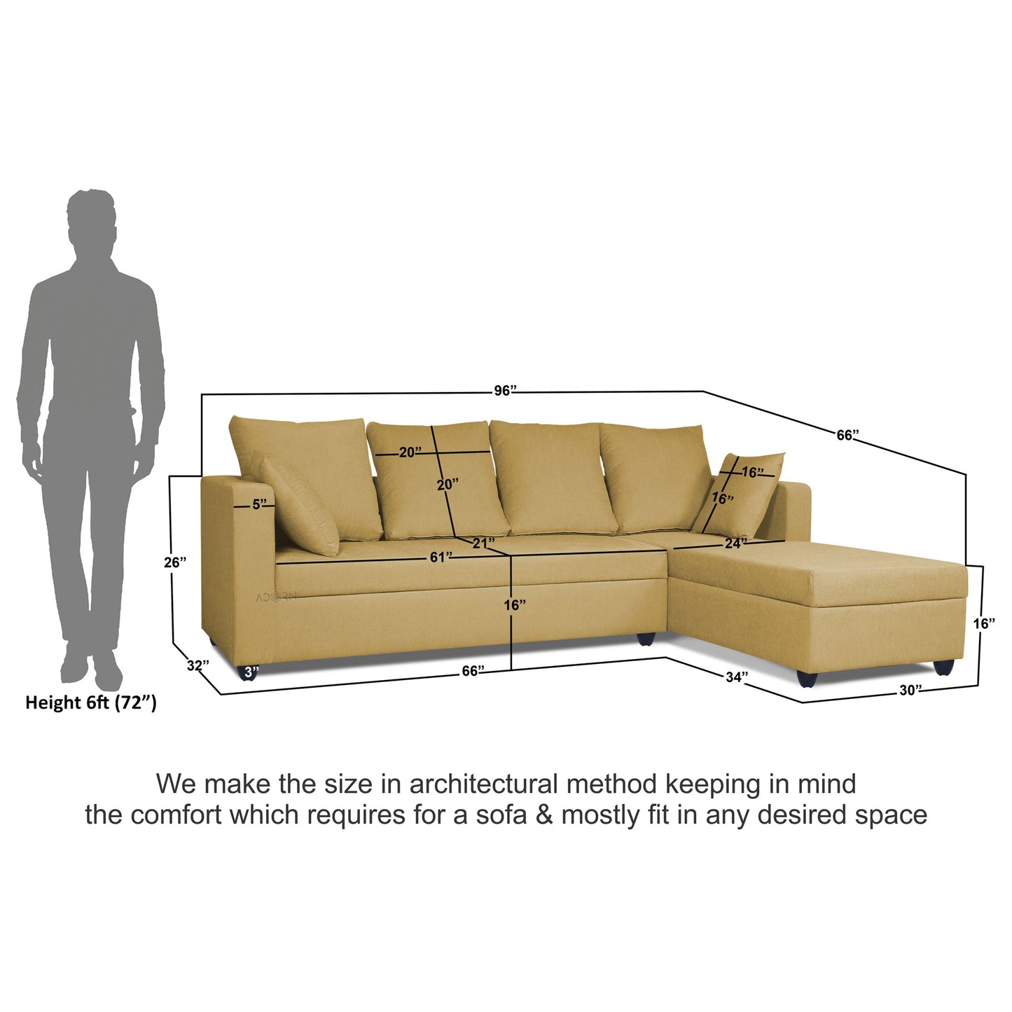 Adorn India Zink Straight line L Shape 6 Seater Sofa Plain Cushion (Beige)