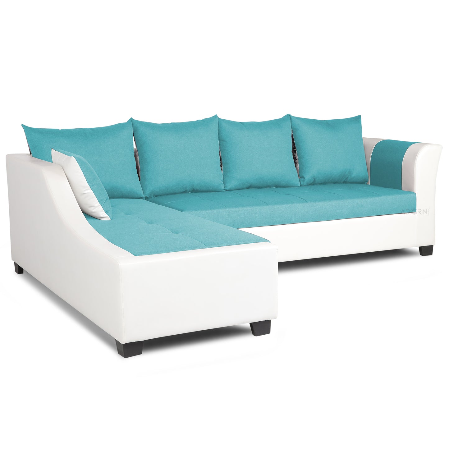 Adorn India Aliana L Shape Leatherette Fabric 6 Seater Sofa (Left Side Handle)(Aqua Blue & White)
