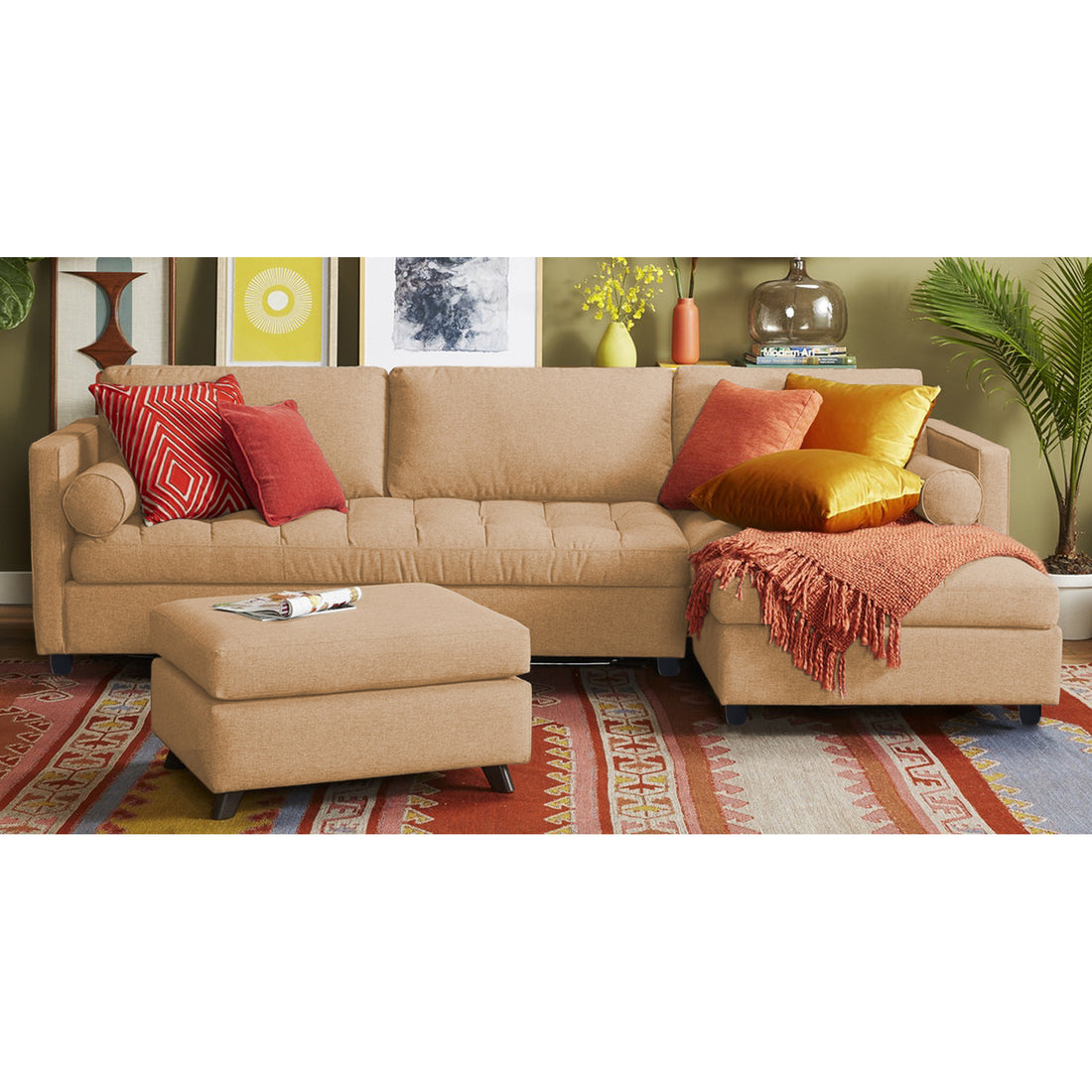 Adorn India Alexander L Shape 7 Seater Sofa Set with Ottoman Puffy RHS (Beige) (3 Year Warranty)