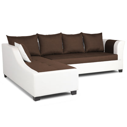 Adorn India Aliana L Shape Leatherette Fabric 6 Seater Sofa (Left Side Handle)(Brown & White)