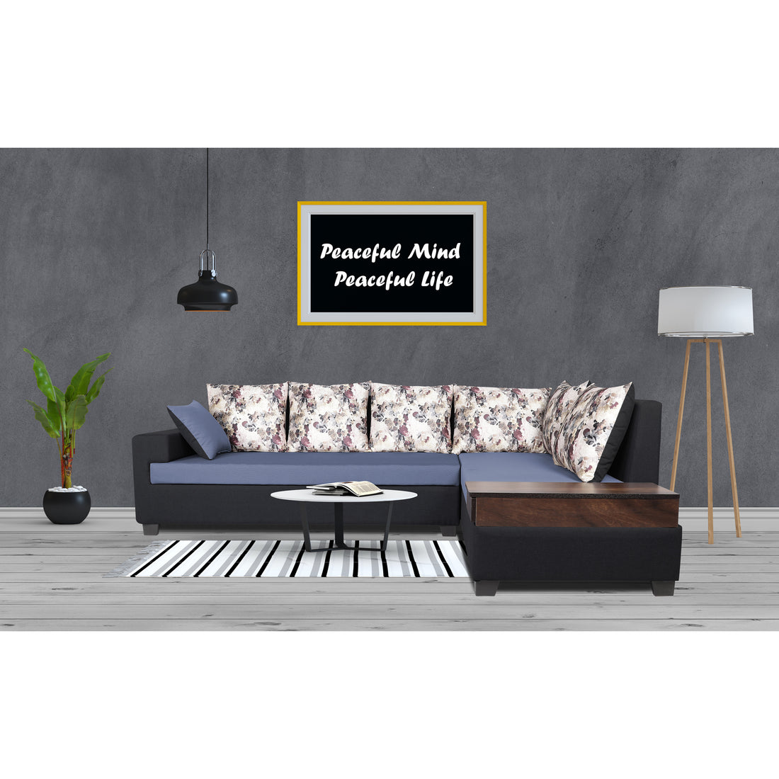 Adorn India Orlando Fabric L Shape Sofa (Black & Dark Grey)