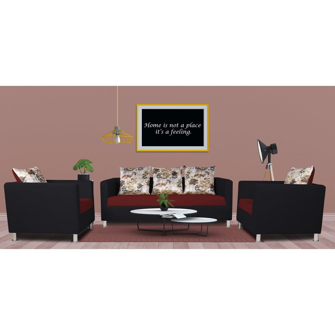 Adorn India Exclusive Two Tone Alita Compact 3-1-1 Sofa Set (Maroon & Black), Wood, Foam