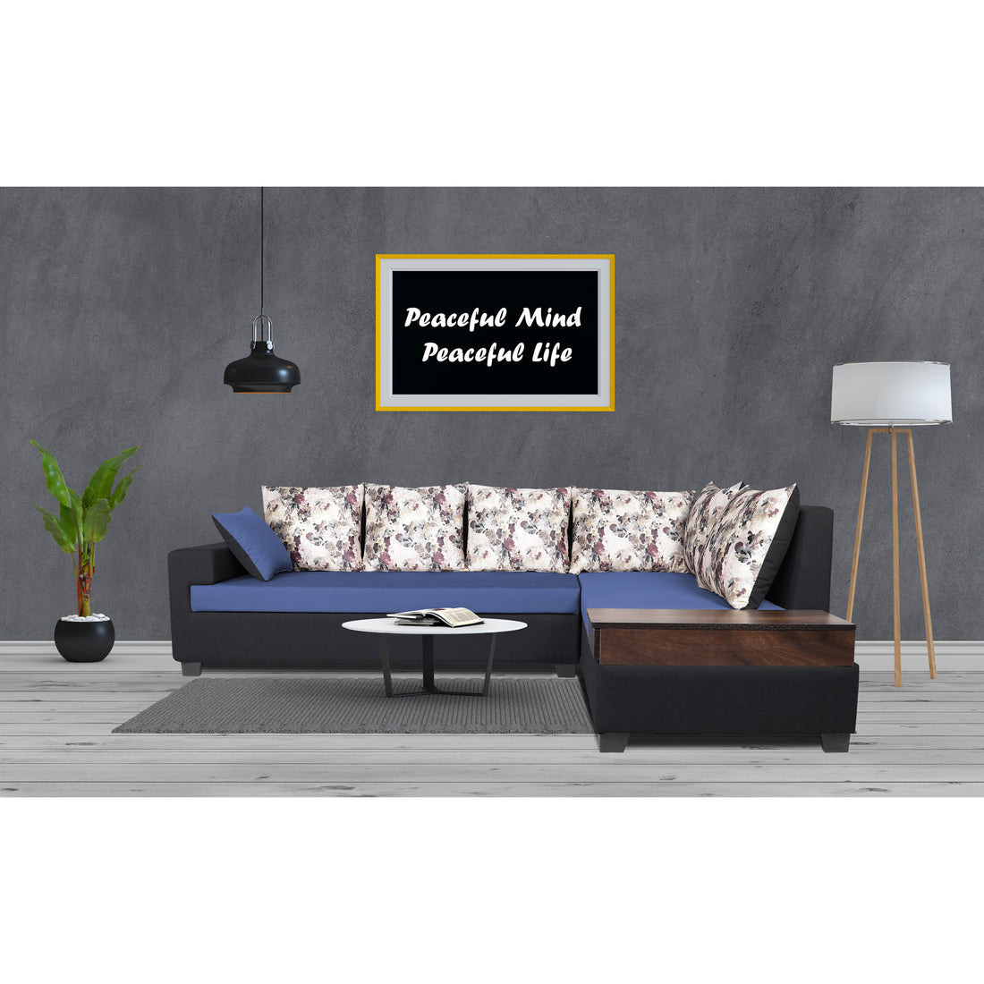 Adorn India Orlando Fabric L Shape Sofa (Black & Blue)