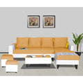 Adorn India Ashley Plain Leatherette Fabric L Shape 8 Seater Sofa Set with 2 Ottoman Puffy & Center Table RHS (Beige & White) (3 Year Warranty)