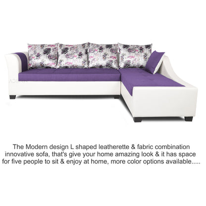 Adorn India Aliana L Shape Leatherette Fabric 6 Seater Sofa (Dark Purple & White)
