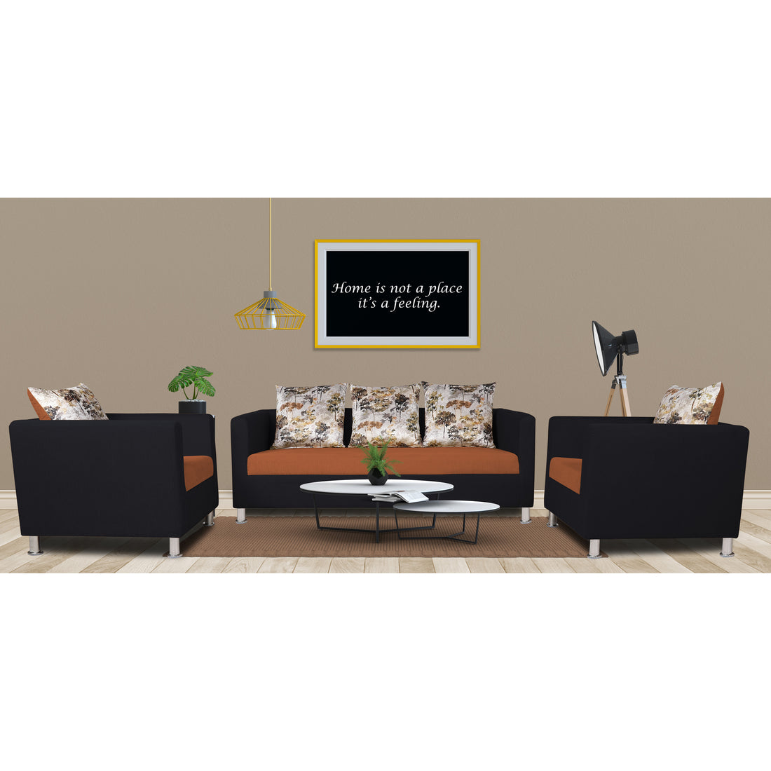Adorn India Exclusive Two Tone Alita Compact 3-1-1 Sofa Set (Rust & Black), Wood, Foam