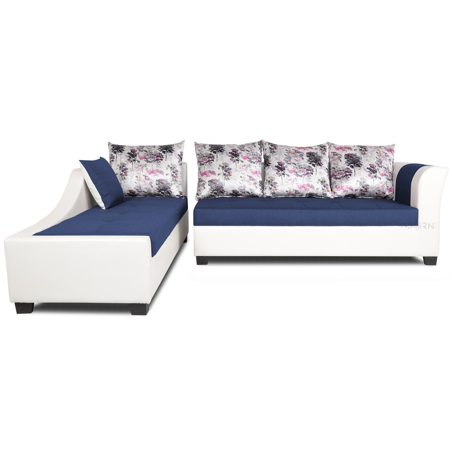 Adorn India Aliana L Shape Leatherette Fabric 6 Seater Sofa (Left Side Handle)(Blue & White)