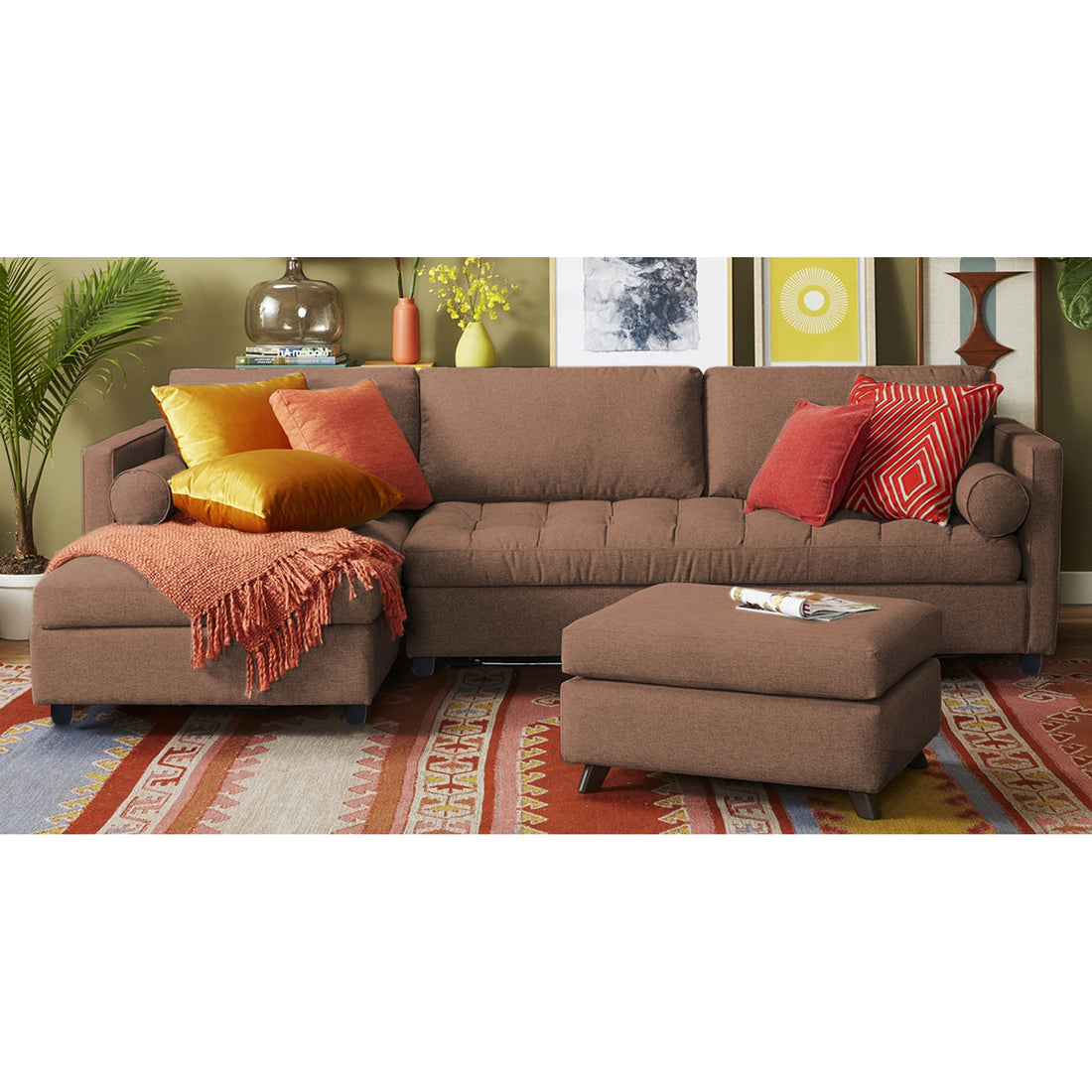 Adorn India Alexander L Shape 7 Seater Sofa Set with Ottoman Puffy LHS (Camel) (3 Year Warranty)