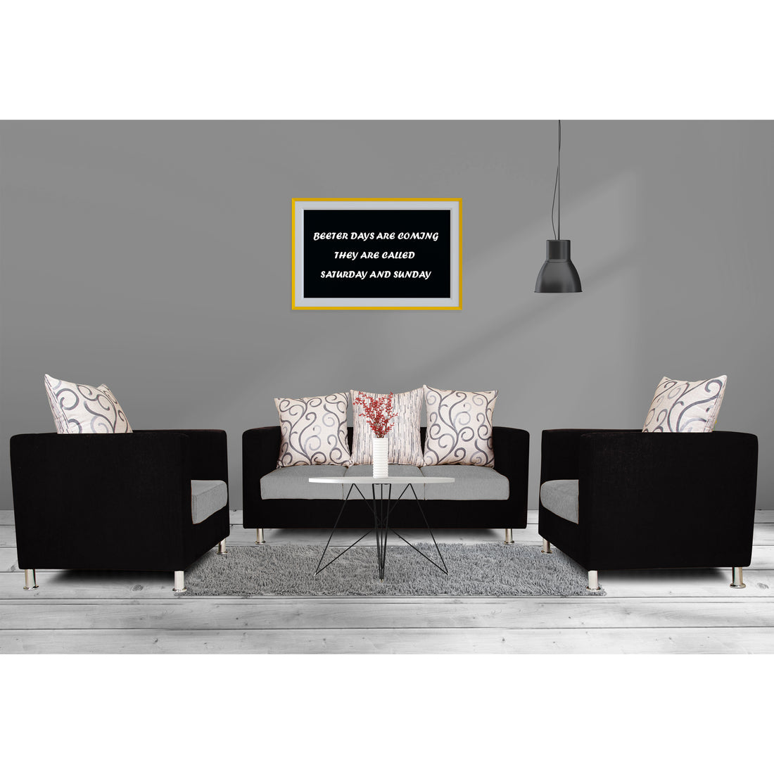 Adorn India Dexter Sofa Set 3-1-1 digitel Print (Grey & Black)