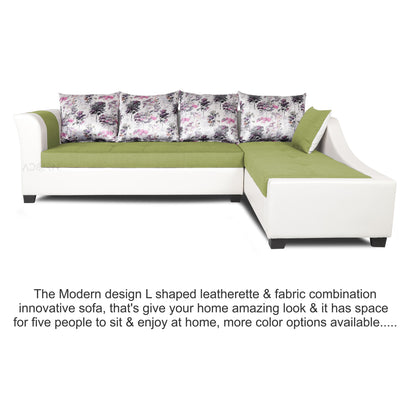 Adorn India Aliana L Shape Leatherette Fabric 6 Seater Sofa (Green & White)