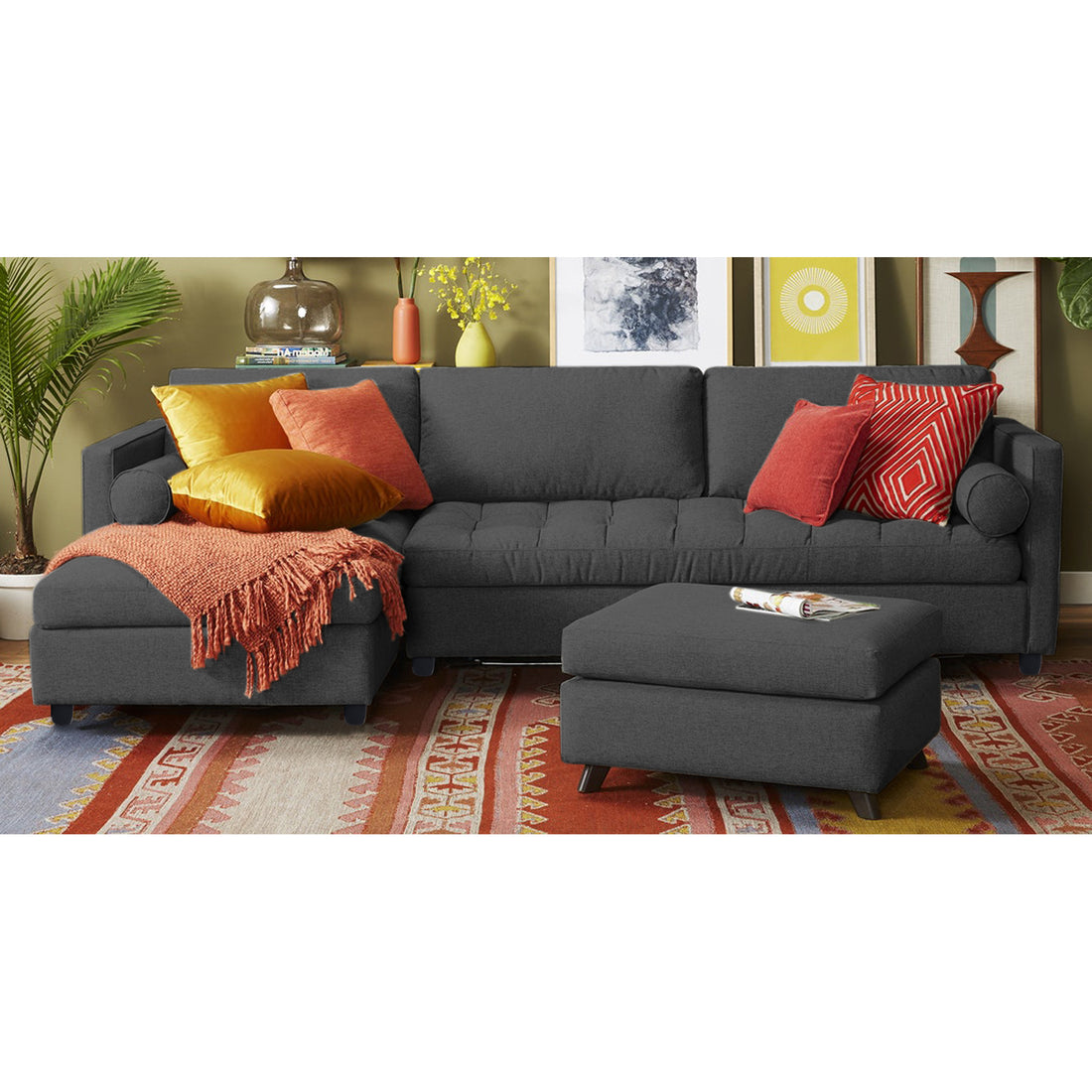 Adorn India Alexander L Shape 7 Seater Sofa Set with Ottoman Puffy LHS (Dark Grey) (3 Year Warranty)