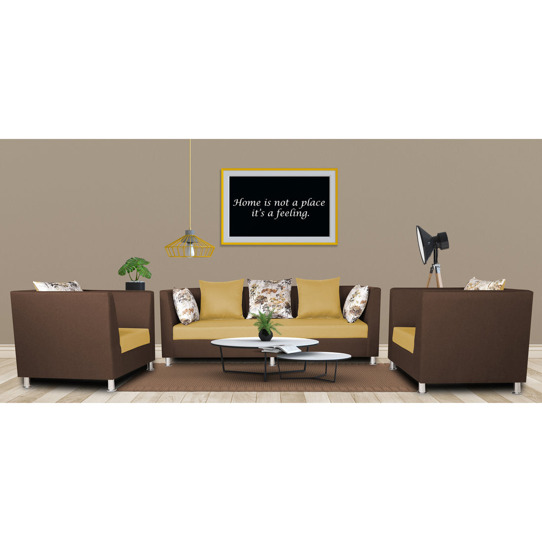 Adorn India Exclusive Two Tone Alica 3-1-1 Five Seater Sofa Set (Brown & Beige), Wood, Foam