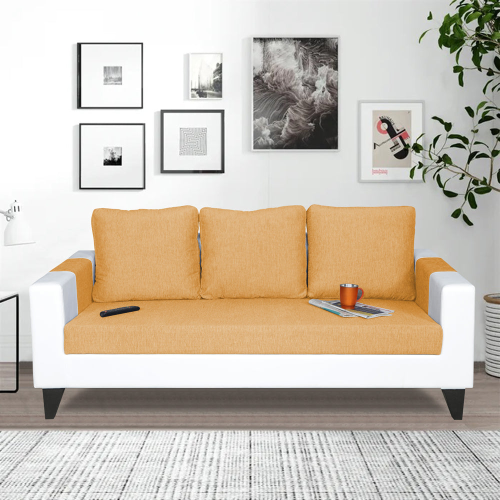 Adorn India Ashley Plain Leatherette Fabric 3 Seater Sofa (Beige & White) (3 Year Warranty)