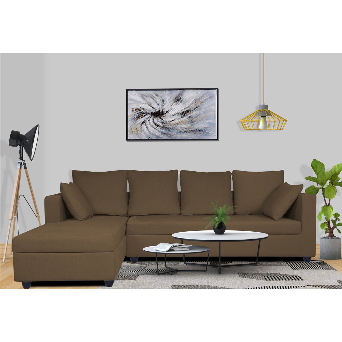 Zink Straight line L Shape 6 Seater Sofa Plain Cushion (Left Side Handle)(Camel)