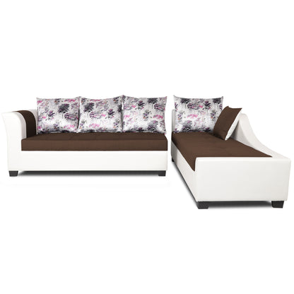 Adorn India Aliana L Shape Leatherette Fabric 6 Seater Sofa (Brown & White)