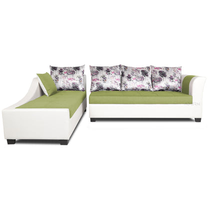 Adorn India Aliana L Shape Leatherette Fabric 6 Seater Sofa (Left Side Handle)(Green & White)