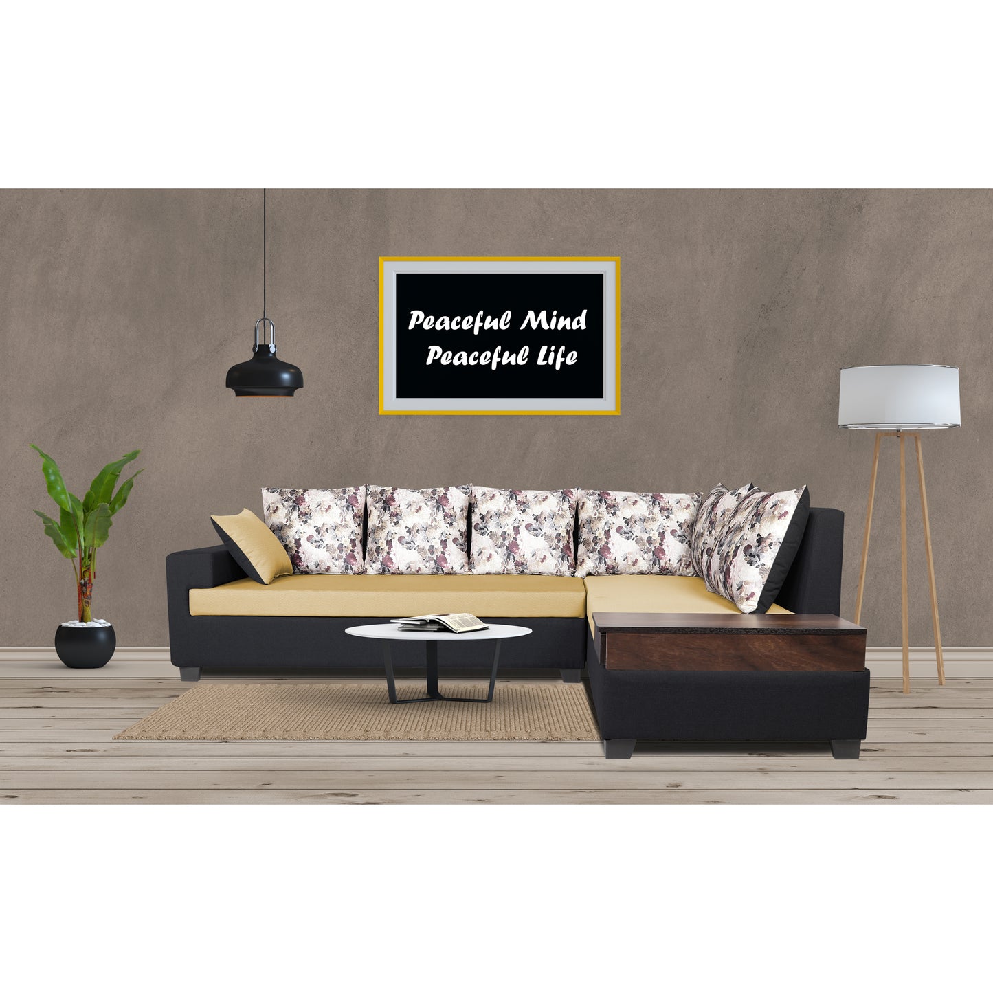 Adorn India Orlando Fabric L Shape 6 seater Sofa  set (Black & Beige)