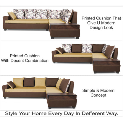 Adorn India Orlando Fabric  L Shape 6 seater Sofa  set (Brown & Beige)