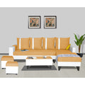 Adorn India Ashley Stripes Leatherette Fabric L Shape 8 Seater Sofa Set with 2 Ottoman Puffy & Center Table RHS (Beige & White) (3 Year Warranty)