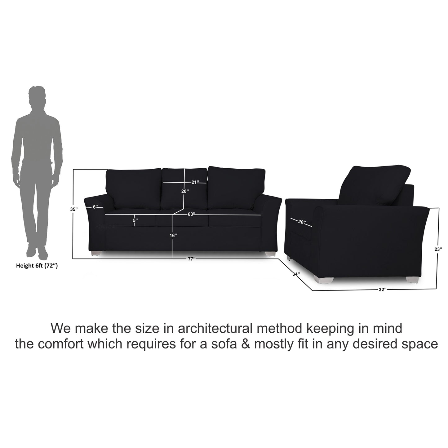 Adorn India Alexia 3+1+1 Sofa Set (Black)