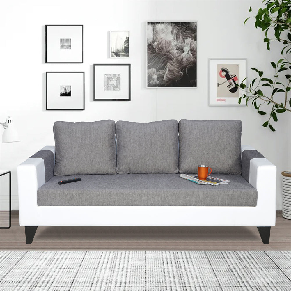 Adorn India Ashley Plain Leatherette Fabric 3 Seater Sofa (Grey & White) (3 Year Warranty)