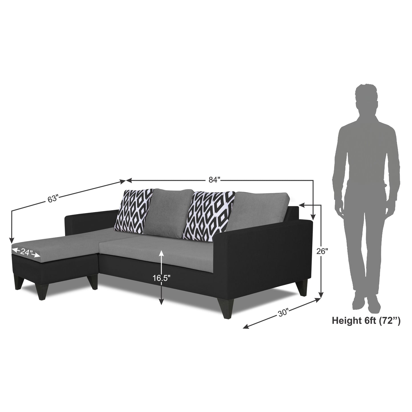 Adorn India Beetle L Shape 5 Seater Sofa Set Rhombus (Left Hand Side) (Grey & Black)