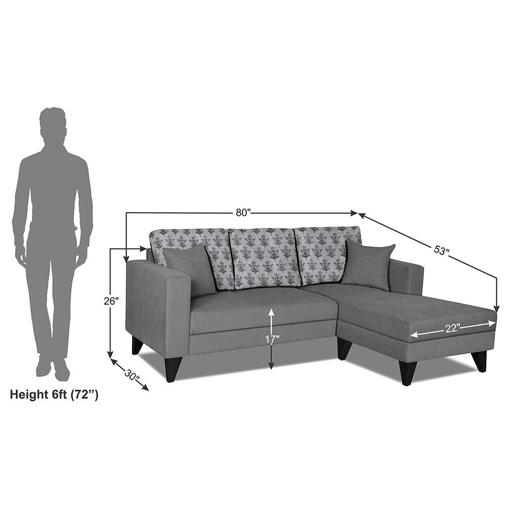 Adorn India Parker Leaf L Shape 4 Seater Sofa Set (Right Hand Side) (Grey) Martin Plus