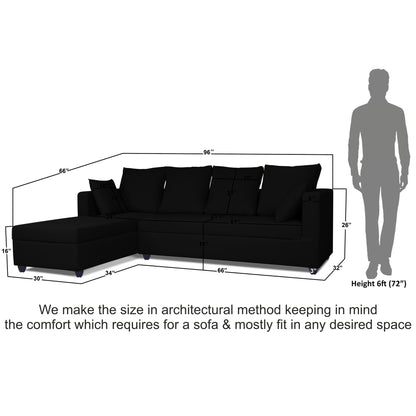 Adorn India Zink Straight line L Shape 6 Seater Sofa Plain Cushion (Left Side Handle)(Black)