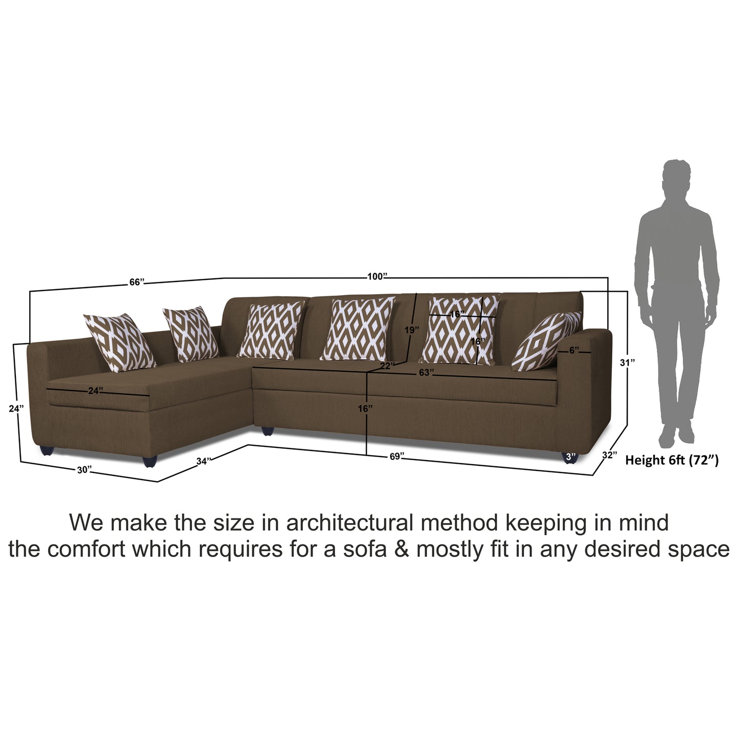 Adorn India Rio Highback L Shape 6 Seater corner Sofa Set (Left Side Handle)(Brown)